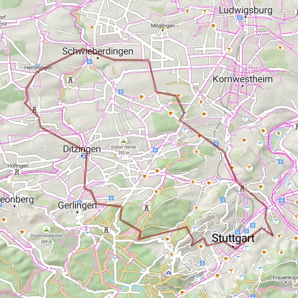 Map miniature of "Gravel Adventure in Stuttgart" cycling inspiration in Stuttgart, Germany. Generated by Tarmacs.app cycling route planner