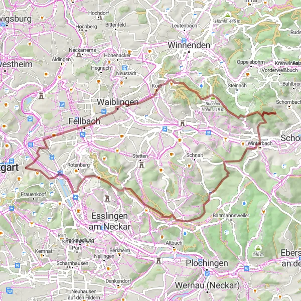 Map miniature of "Picturesque Gravel Adventure" cycling inspiration in Stuttgart, Germany. Generated by Tarmacs.app cycling route planner
