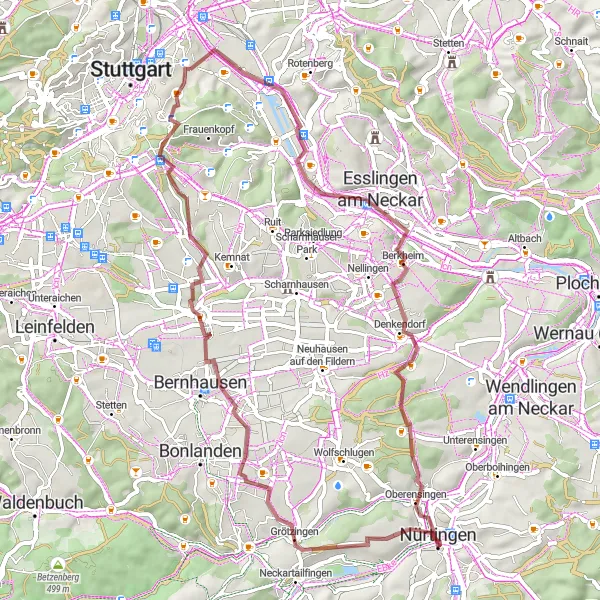 Map miniature of "Esslingen Gravel Adventure" cycling inspiration in Stuttgart, Germany. Generated by Tarmacs.app cycling route planner