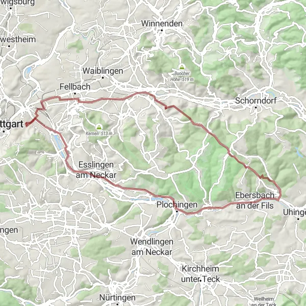 Map miniature of "The Gravel Adventure Circuit" cycling inspiration in Stuttgart, Germany. Generated by Tarmacs.app cycling route planner