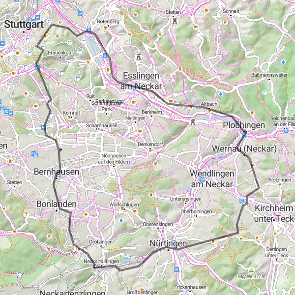 Karten-Miniaturansicht der Radinspiration "Entlang des Neckars durch idyllische Städtchen" in Stuttgart, Germany. Erstellt vom Tarmacs.app-Routenplaner für Radtouren