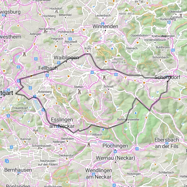 Map miniature of "Scenic Road Cycling Route" cycling inspiration in Stuttgart, Germany. Generated by Tarmacs.app cycling route planner