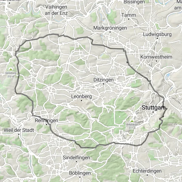 Karten-Miniaturansicht der Radinspiration "Stuttgarter Hügel und Täler Tour" in Stuttgart, Germany. Erstellt vom Tarmacs.app-Routenplaner für Radtouren