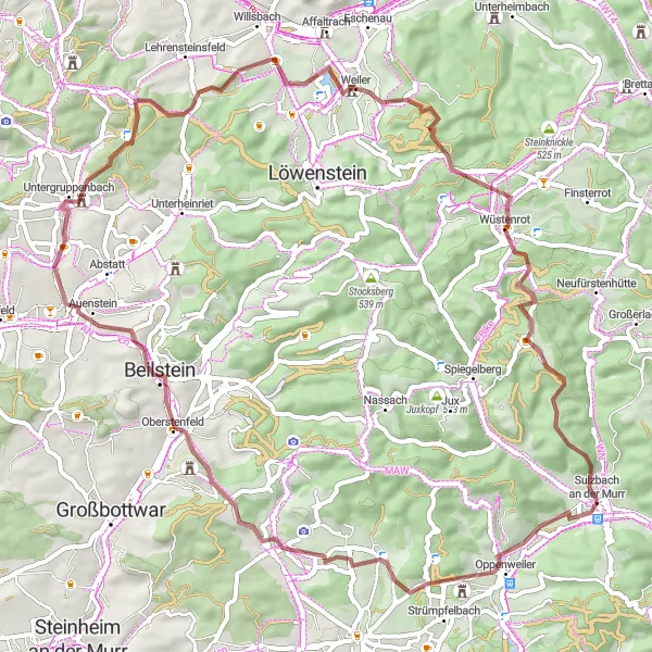 Map miniature of "The Picturesque Beilstein Circuit" cycling inspiration in Stuttgart, Germany. Generated by Tarmacs.app cycling route planner