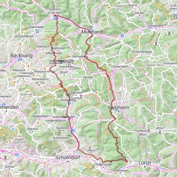Map miniature of "The Murrhardt Gravel Adventure" cycling inspiration in Stuttgart, Germany. Generated by Tarmacs.app cycling route planner