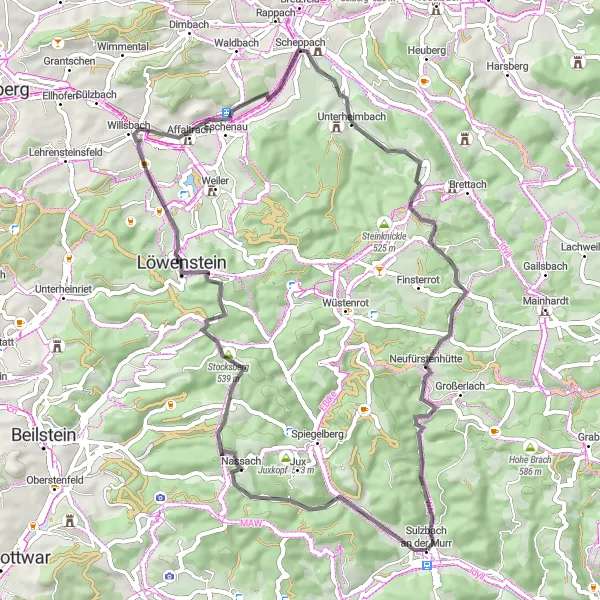 Map miniature of "Exploring the Nassach Valley" cycling inspiration in Stuttgart, Germany. Generated by Tarmacs.app cycling route planner