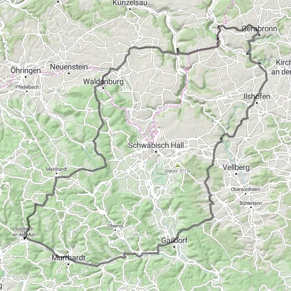 Karten-Miniaturansicht der Radinspiration "Jagdschloss Mainhardt und Gaildorf" in Stuttgart, Germany. Erstellt vom Tarmacs.app-Routenplaner für Radtouren