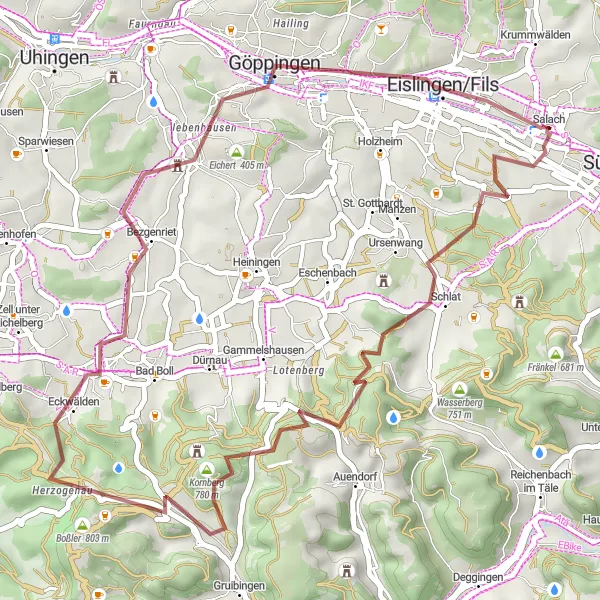 Map miniature of "Lenningen Adventure" cycling inspiration in Stuttgart, Germany. Generated by Tarmacs.app cycling route planner