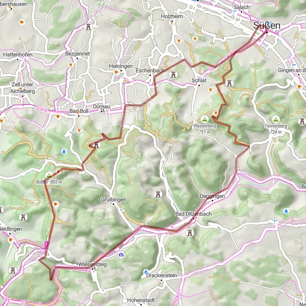 Map miniature of "Round-trip Cycling Route from Süßen: Alb Gravel Adventure" cycling inspiration in Stuttgart, Germany. Generated by Tarmacs.app cycling route planner