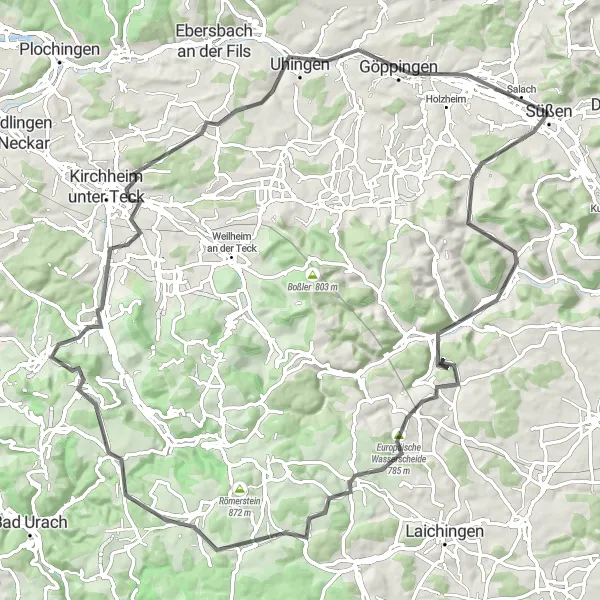 Map miniature of "Scenic Tour of the Swabian Jura" cycling inspiration in Stuttgart, Germany. Generated by Tarmacs.app cycling route planner