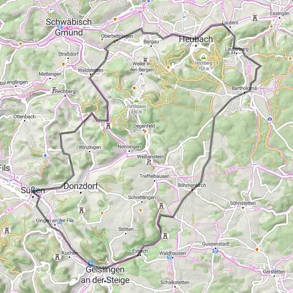 Map miniature of "Round-trip Cycling Route from Süßen: Fils Valley Loop" cycling inspiration in Stuttgart, Germany. Generated by Tarmacs.app cycling route planner