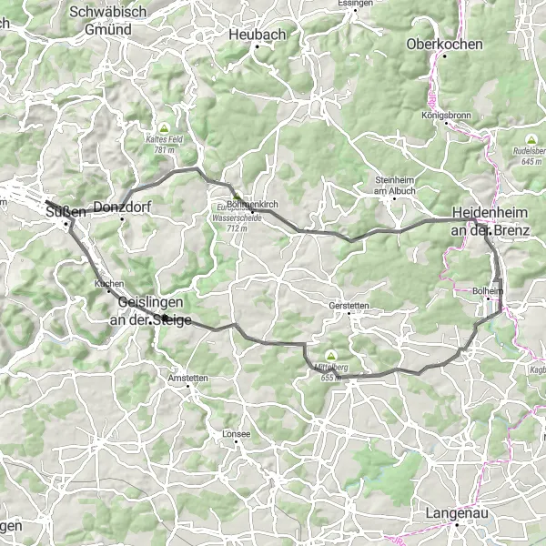 Map miniature of "Round-trip Cycling Route from Süßen: Panoramic Alb Loop" cycling inspiration in Stuttgart, Germany. Generated by Tarmacs.app cycling route planner