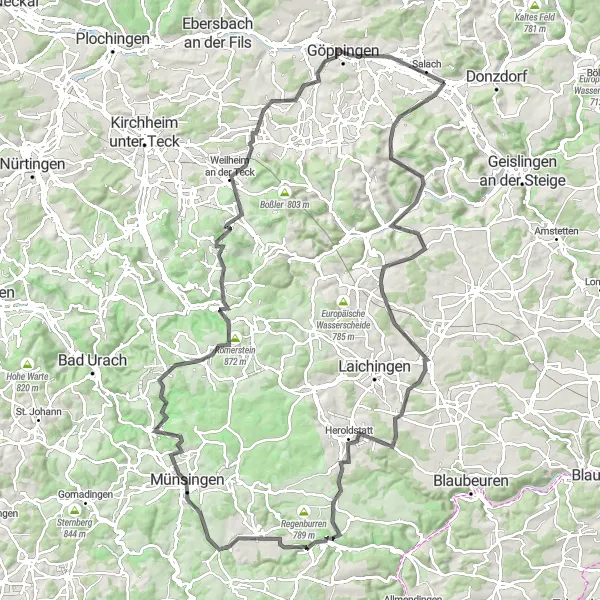 Map miniature of "Swabian Jura Challenge" cycling inspiration in Stuttgart, Germany. Generated by Tarmacs.app cycling route planner