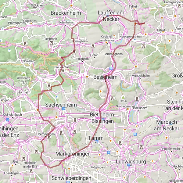 Karten-Miniaturansicht der Radinspiration "Gravel-Tour durch Besigheim und Lauffen am Neckar" in Stuttgart, Germany. Erstellt vom Tarmacs.app-Routenplaner für Radtouren