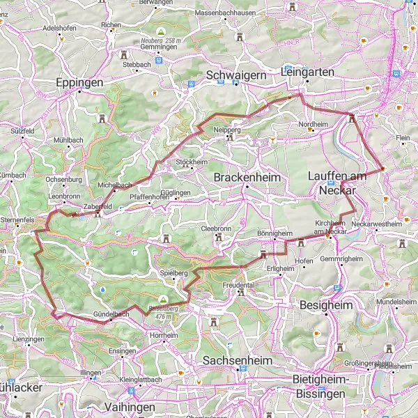 Map miniature of "Lauffen am Neckar Loop Gravel Ride" cycling inspiration in Stuttgart, Germany. Generated by Tarmacs.app cycling route planner