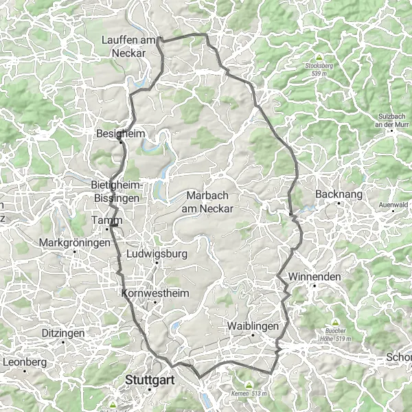Map miniature of "Wartkopf and Beyond" cycling inspiration in Stuttgart, Germany. Generated by Tarmacs.app cycling route planner