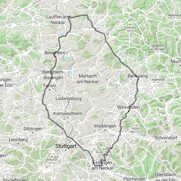 Map miniature of "Backnang Epic Road Cycling Tour" cycling inspiration in Stuttgart, Germany. Generated by Tarmacs.app cycling route planner
