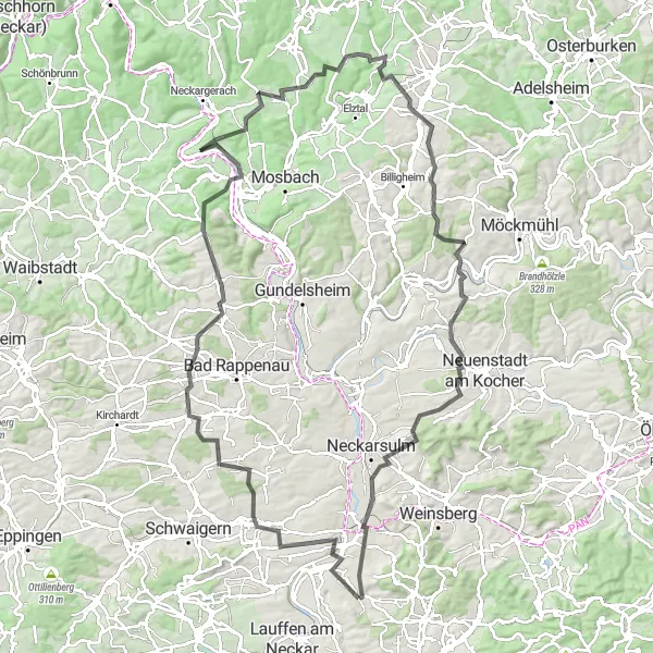 Map miniature of "Climbing Challenge: Flein to Stein am Kocher" cycling inspiration in Stuttgart, Germany. Generated by Tarmacs.app cycling route planner