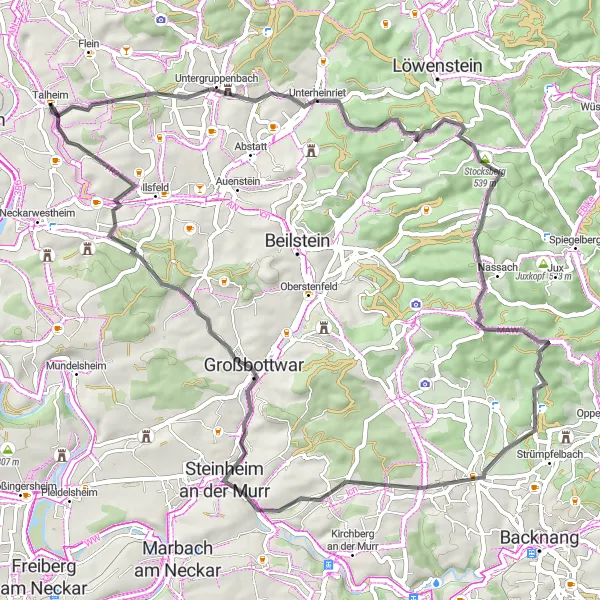 Map miniature of "Talheim Loop via Untergruppenbach and Wolfsberg" cycling inspiration in Stuttgart, Germany. Generated by Tarmacs.app cycling route planner