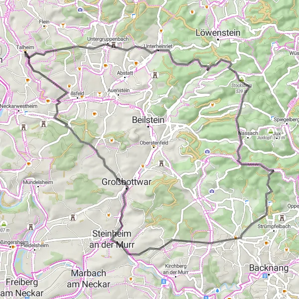 Karten-Miniaturansicht der Radinspiration "Rundtour Untergruppenbach-Wolfsberg-Prevorst-Fuchsbühl-Blankenstein-Steinheim an der Murr-Winzerhausen-Talheim" in Stuttgart, Germany. Erstellt vom Tarmacs.app-Routenplaner für Radtouren