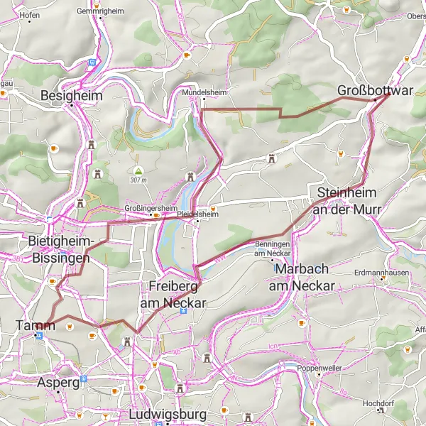 Map miniature of "Ingersheim and Benningen Route" cycling inspiration in Stuttgart, Germany. Generated by Tarmacs.app cycling route planner