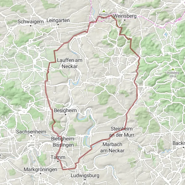 Map miniature of "The Gravel Road Adventure" cycling inspiration in Stuttgart, Germany. Generated by Tarmacs.app cycling route planner
