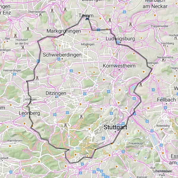 Karten-Miniaturansicht der Radinspiration "Historische Hügel und malerische Dörfer" in Stuttgart, Germany. Erstellt vom Tarmacs.app-Routenplaner für Radtouren