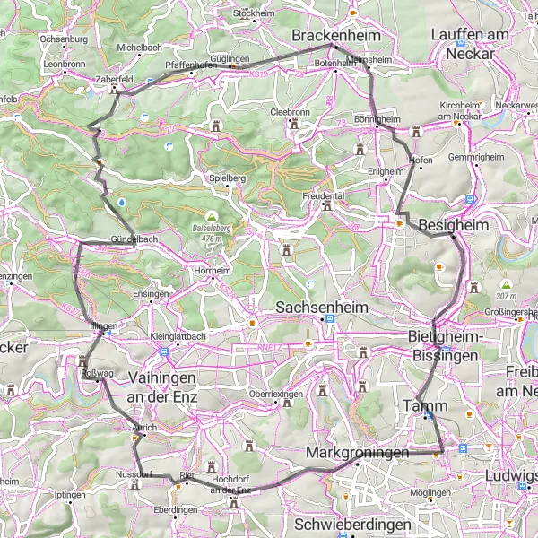 Map miniature of "The Medieval Beauty of Markgröningen" cycling inspiration in Stuttgart, Germany. Generated by Tarmacs.app cycling route planner