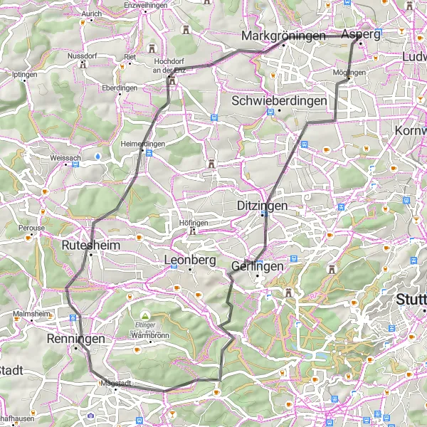 Karten-Miniaturansicht der Radinspiration "Road Cycling Tour von Tamm nach Hohenasperg" in Stuttgart, Germany. Erstellt vom Tarmacs.app-Routenplaner für Radtouren