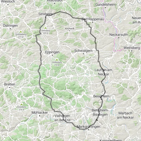 Map miniature of "The Enchanting Hills of Upper Swabia" cycling inspiration in Stuttgart, Germany. Generated by Tarmacs.app cycling route planner