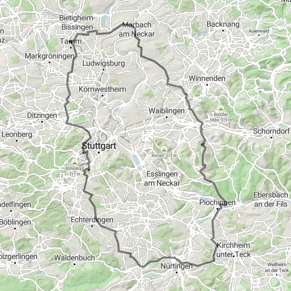 Map miniature of "The Neckar River Valley Challenge" cycling inspiration in Stuttgart, Germany. Generated by Tarmacs.app cycling route planner