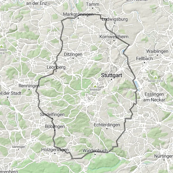 Karten-Miniaturansicht der Radinspiration "Road Cycling Tour von Tamm nach Asperg" in Stuttgart, Germany. Erstellt vom Tarmacs.app-Routenplaner für Radtouren