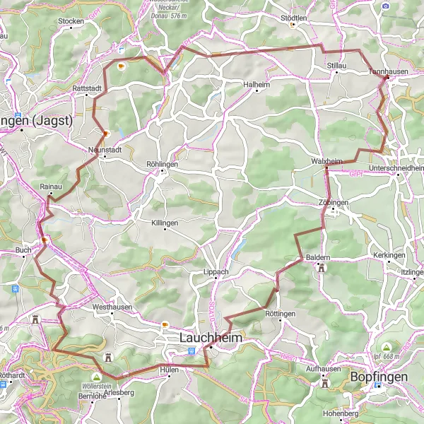 Map miniature of "Zöbingen and Rainau Gravel Loop" cycling inspiration in Stuttgart, Germany. Generated by Tarmacs.app cycling route planner