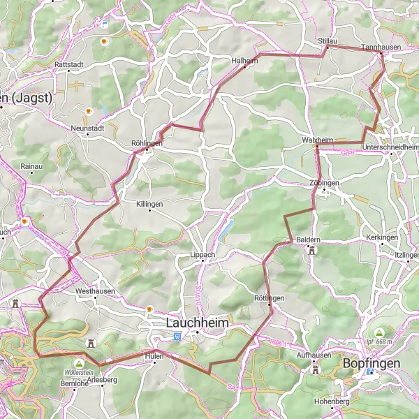 Map miniature of "The Tannhausen Countryside Gravel Tour" cycling inspiration in Stuttgart, Germany. Generated by Tarmacs.app cycling route planner