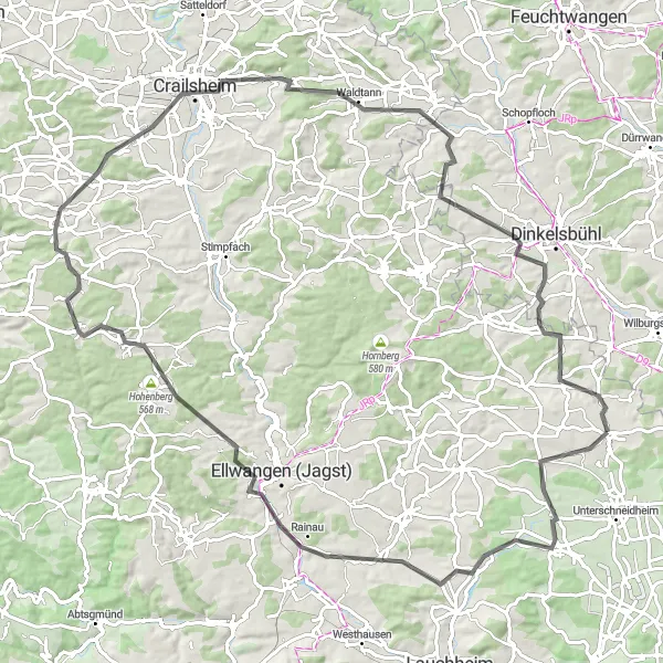 Map miniature of "Crailsheim and Hirschberg Loop" cycling inspiration in Stuttgart, Germany. Generated by Tarmacs.app cycling route planner