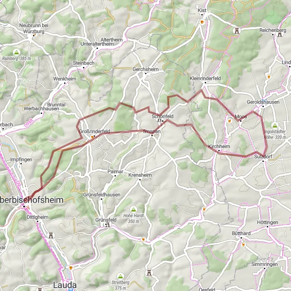 Map miniature of "Scenic Gravel Ride through Großrinderfeld" cycling inspiration in Stuttgart, Germany. Generated by Tarmacs.app cycling route planner