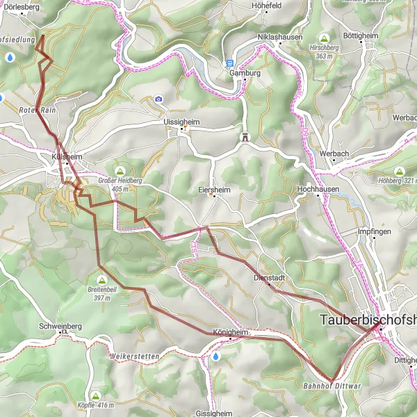 Map miniature of "Explore the Countryside of Külsheim" cycling inspiration in Stuttgart, Germany. Generated by Tarmacs.app cycling route planner
