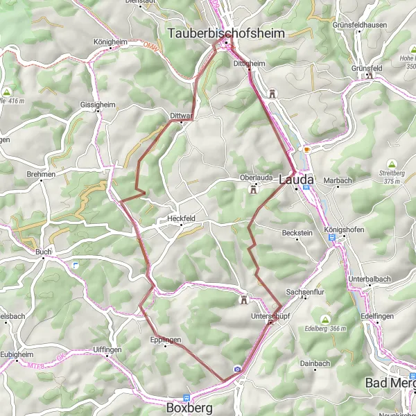 Map miniature of "Gravel Adventure through Distelhausen" cycling inspiration in Stuttgart, Germany. Generated by Tarmacs.app cycling route planner