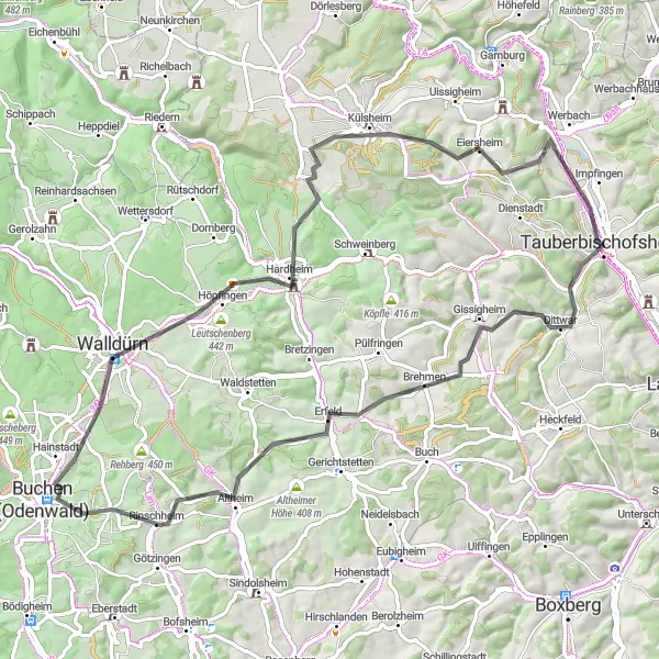 Map miniature of "The Odenwald Adventure" cycling inspiration in Stuttgart, Germany. Generated by Tarmacs.app cycling route planner