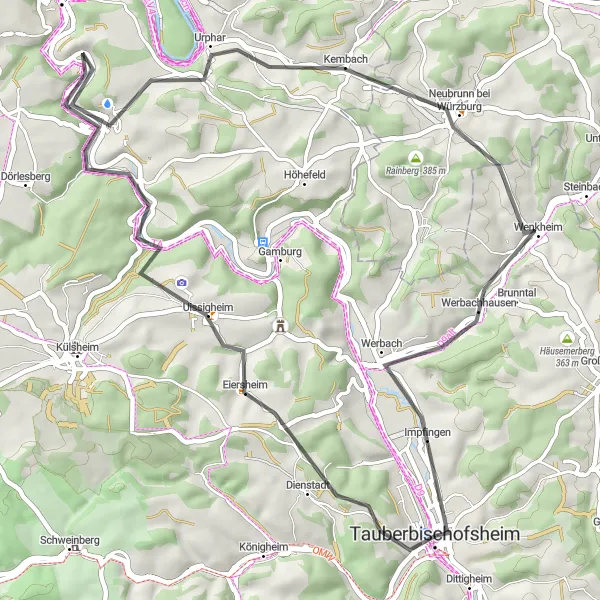 Map miniature of "Tauberbischofsheim and surrounding villages" cycling inspiration in Stuttgart, Germany. Generated by Tarmacs.app cycling route planner