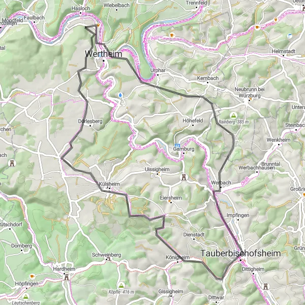 Map miniature of "The Tauberbischofsheim Loop" cycling inspiration in Stuttgart, Germany. Generated by Tarmacs.app cycling route planner