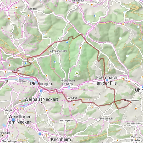 Map miniature of "Plochingen Adventure" cycling inspiration in Stuttgart, Germany. Generated by Tarmacs.app cycling route planner