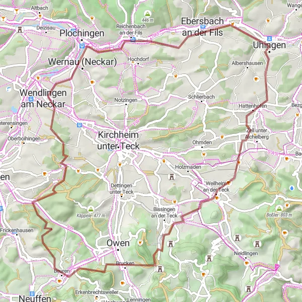 Karten-Miniaturansicht der Radinspiration "Gravel-Tour um Uhingen" in Stuttgart, Germany. Erstellt vom Tarmacs.app-Routenplaner für Radtouren