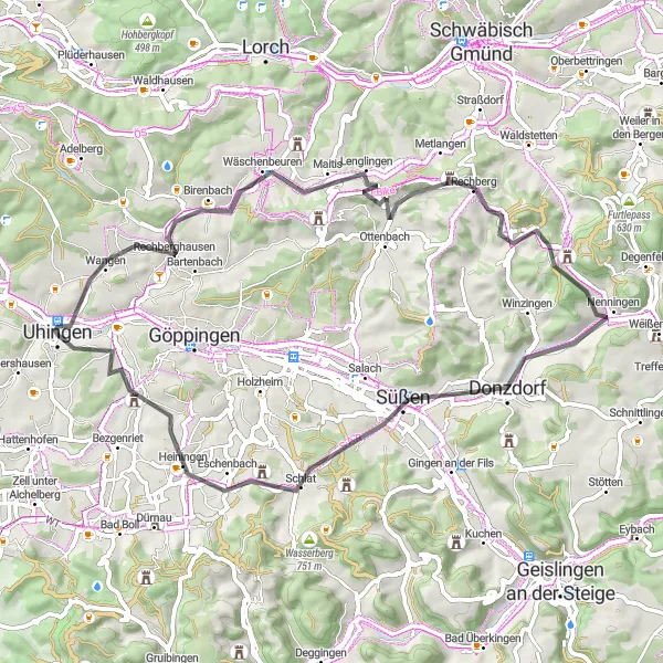 Map miniature of "Ottenbach Loop" cycling inspiration in Stuttgart, Germany. Generated by Tarmacs.app cycling route planner