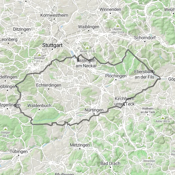 Karten-Miniaturansicht der Radinspiration "Panoramablick und historische Stadt Kirchheim" in Stuttgart, Germany. Erstellt vom Tarmacs.app-Routenplaner für Radtouren