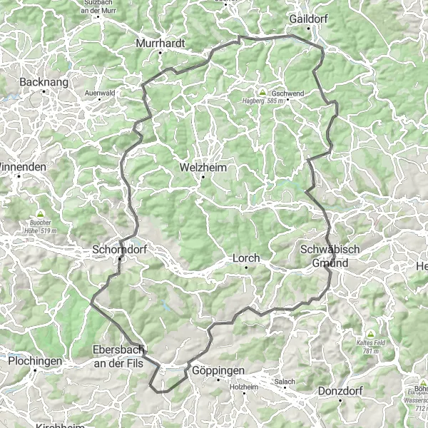 Map miniature of "Hohenstein Grand Tour" cycling inspiration in Stuttgart, Germany. Generated by Tarmacs.app cycling route planner