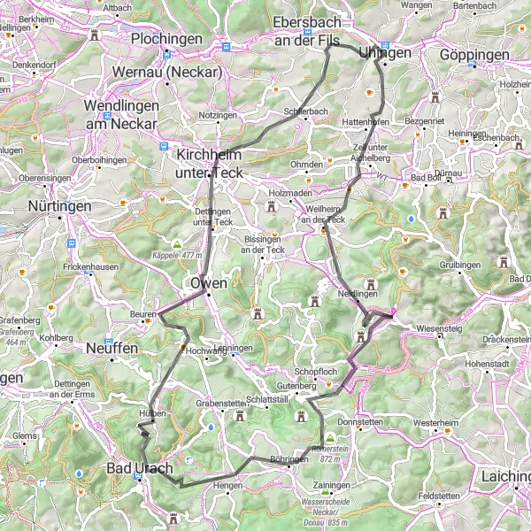 Karten-Miniaturansicht der Radinspiration "Road-Tour von Uhingen" in Stuttgart, Germany. Erstellt vom Tarmacs.app-Routenplaner für Radtouren