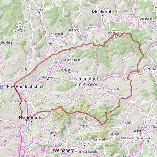 Karten-Miniaturansicht der Radinspiration "60 km lange Graveltour von Untereisesheim" in Stuttgart, Germany. Erstellt vom Tarmacs.app-Routenplaner für Radtouren