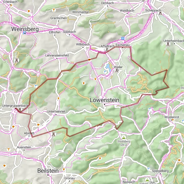 Karten-Miniaturansicht der Radinspiration "Gravel Tour durch Weinberge und Wälder" in Stuttgart, Germany. Erstellt vom Tarmacs.app-Routenplaner für Radtouren