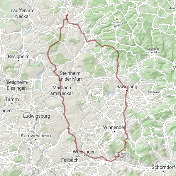 Map miniature of "The Oberstenfeld to Ilsfeld Gravel Route" cycling inspiration in Stuttgart, Germany. Generated by Tarmacs.app cycling route planner